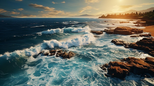 un tramonto sull'oceano con le onde che si schiantano sulle rocce.