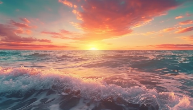 Un tramonto sull'oceano con le onde e il sole che tramonta dietro di esso