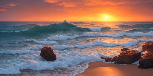 Un tramonto sull'oceano con onde che si infrangono sulla riva e grosse pietre in primo piano Illustrazione del paesaggio marino con spiaggia di sabbia, cielo nuvoloso e sole al tramonto AI generativa