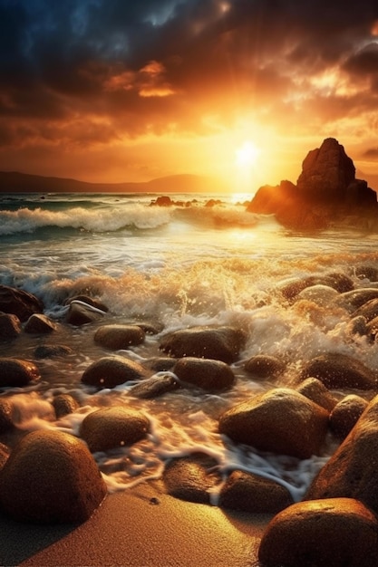 Un tramonto sull'oceano con rocce e il sole che tramonta dietro di esso.