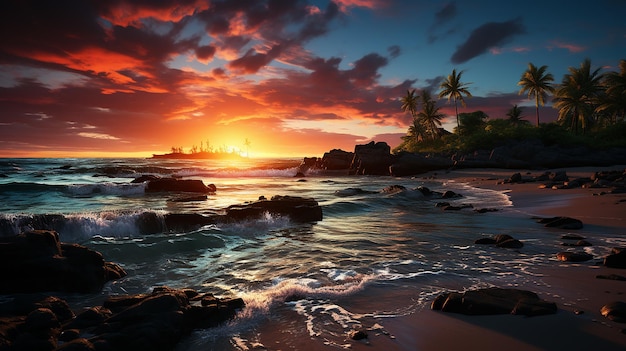 un tramonto sull'oceano con rocce e palme.