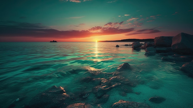 Un tramonto sull'oceano con un cielo blu e il sole che tramonta sull'acqua.