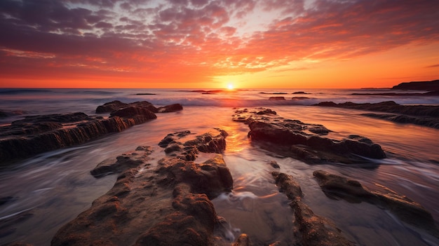 Un tramonto sull'oceano con un cielo colorato e il sole che tramonta sull'oceano.