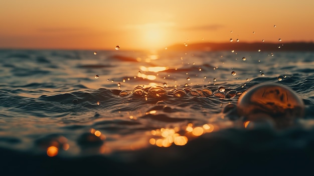 Un tramonto sull'oceano con un cielo giallo e goccioline d'acqua