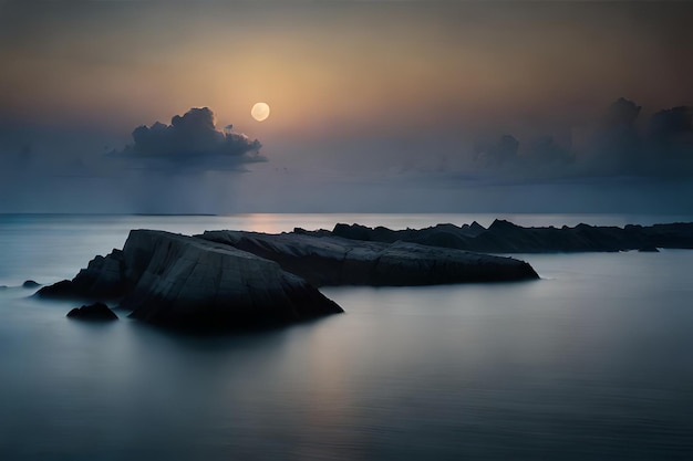 Un tramonto sull'oceano con un cielo illuminato dalla luna