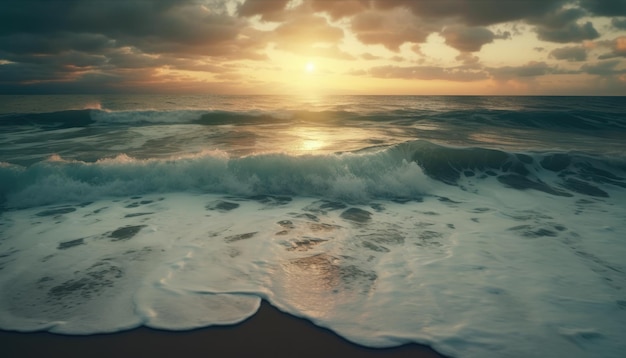 Un tramonto sull'oceano con un cielo nuvoloso