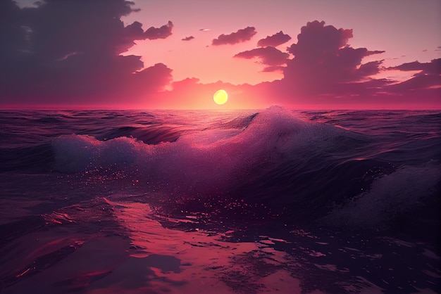 Un tramonto sull'oceano con un cielo rosa e il sole