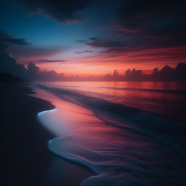un tramonto sull'oceano con un cielo rosso e blu