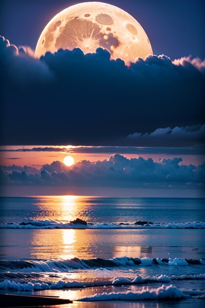 Un tramonto sull'oceano con un cielo viola e nuvole
