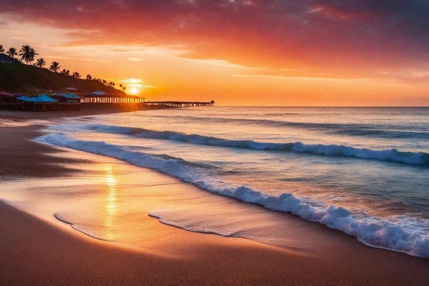 un tramonto sull'oceano con un molo sullo sfondo