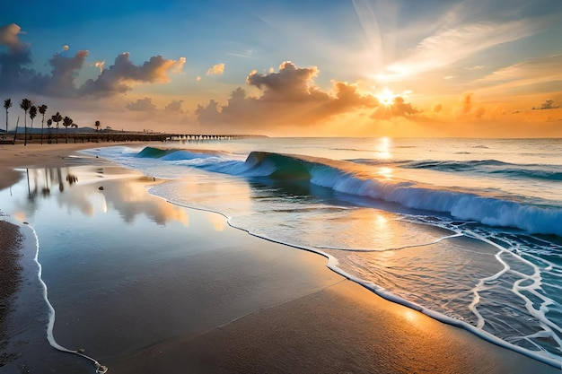 Un tramonto sull'oceano con un molo sullo sfondo.