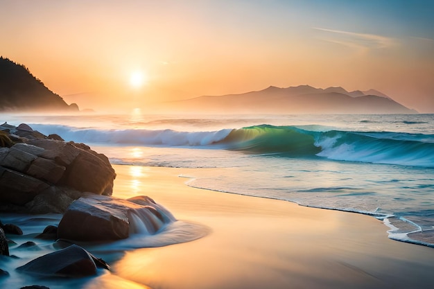 Un tramonto sull'oceano con un'onda che si infrange in primo piano.