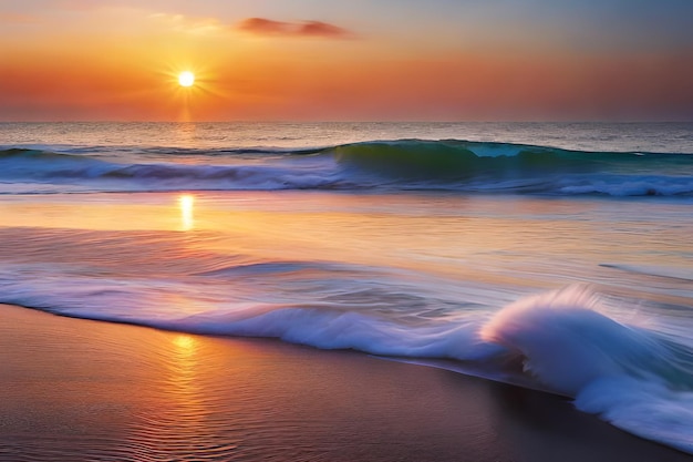 Un tramonto sull'oceano con un'onda che si infrange sulla spiaggia