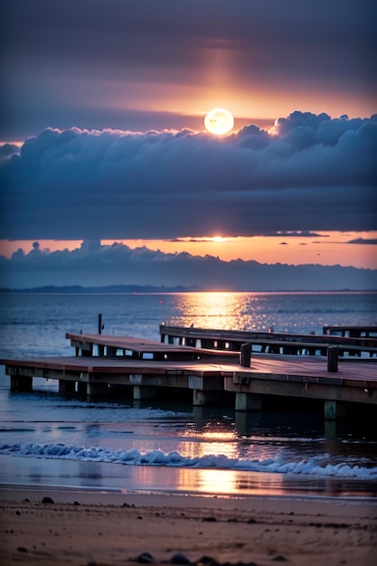 Un tramonto sull'oceano con una luna nel cielo