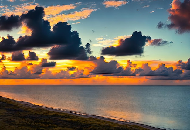 Un tramonto sull'oceano con una spiaggia in primo piano