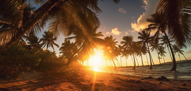 Un tramonto sulla spiaggia con le palme in primo piano