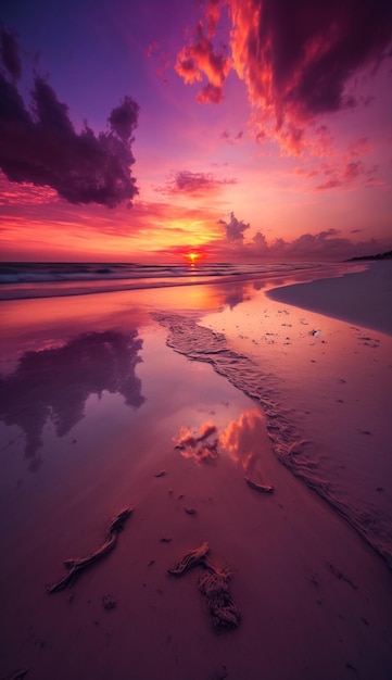 Un tramonto sulla spiaggia con un cielo viola e nuvole