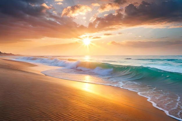 Un tramonto sulla spiaggia con un'onda che si infrange sulla sabbia