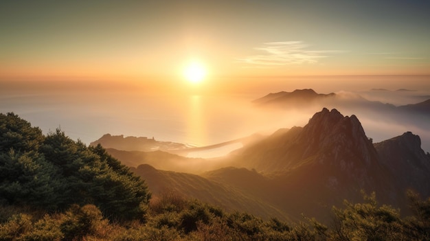 Un tramonto sulle montagne con il sole che tramonta dietro di esso