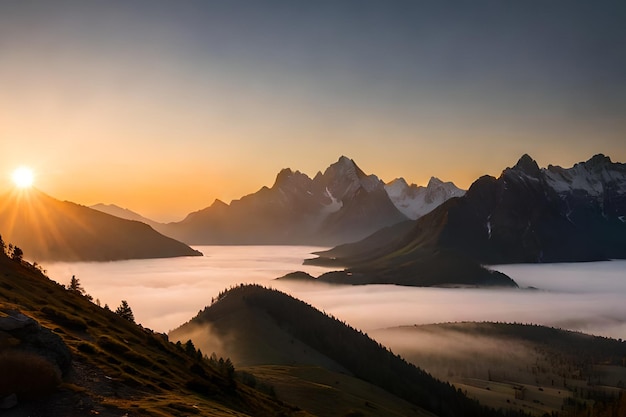 Un tramonto sulle montagne con una montagna sullo sfondo