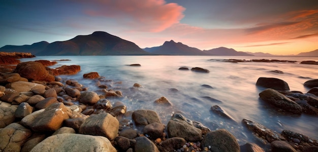 Un tramonto sulle montagne e sull'oceano