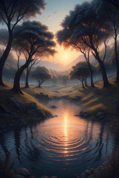 Un tramonto surreale nella natura Un'illustrazione d'arte degli alberi che si bagnano nella luce