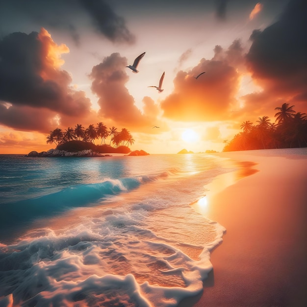 Un tramonto tranquillo su una serena spiaggia tropicale con onde dolci e uccelli marini che si innalzano