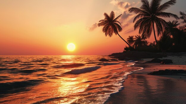 Un tramonto tranquillo su una spiaggia tropicale con maestose palme