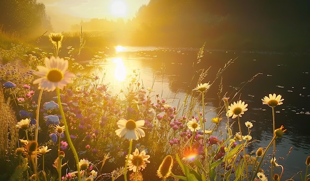 Un tramonto tranquillo sul fiume con fiori selvatici vibranti e luce dorata