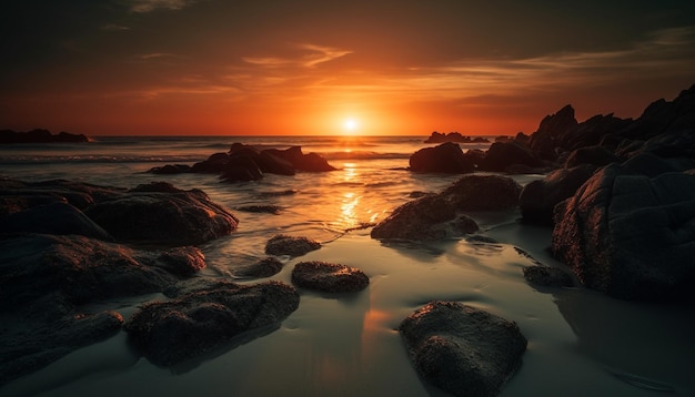 Un tramonto tranquillo sulla costa rocciosa che riflette la bellezza naturale della natura generata dall'intelligenza artificiale
