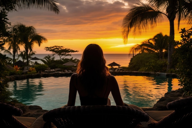 Un tramonto tranquillo vicino alla piscina mentre una donna si rilassa in un'atmosfera di vacanza tropicale