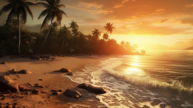 Un tramonto tropicale su una spiaggia con palme