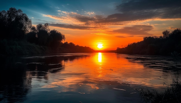 Un tramonto vibrante sopra un orizzonte tranquillo che riflette la bellezza della natura all'aperto generata dall'intelligenza artificiale