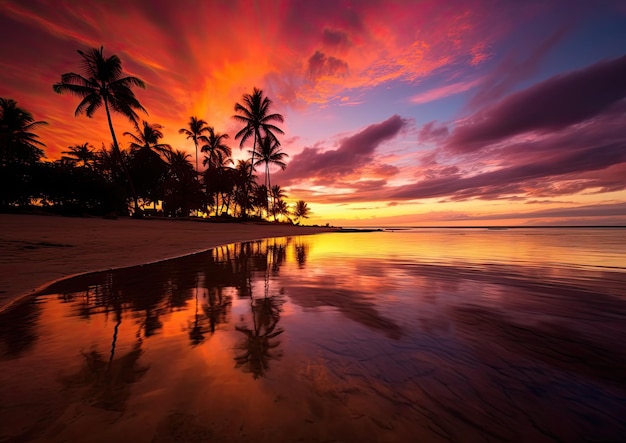 Un tramonto vibrante su una spiaggia sabbiosa catturato da un angolo basso per mostrare il cielo colorato e