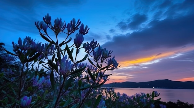 Un tramonto viola e blu con un fiore viola in primo piano.