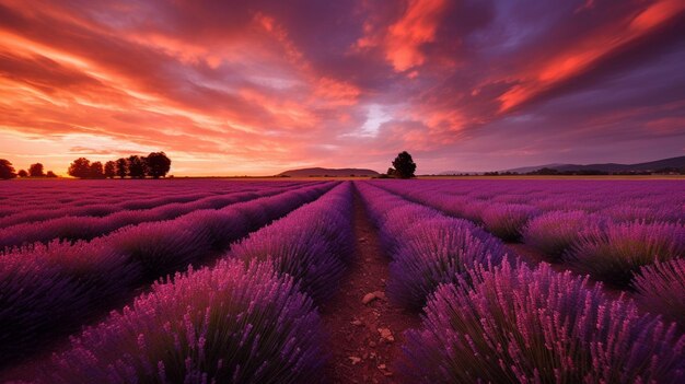 Un tramonto viola su un campo di lavanda