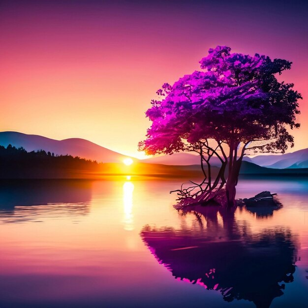 Un tramonto viola su un lago circondato da alberi