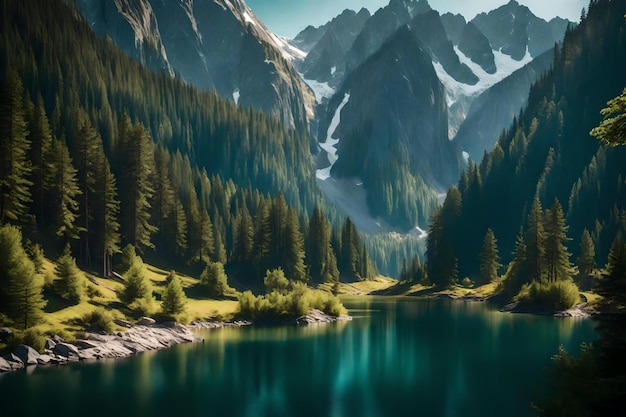 Un tranquillo e appartato lago di montagna circondato da imponenti scogliere e foreste sempreverdi