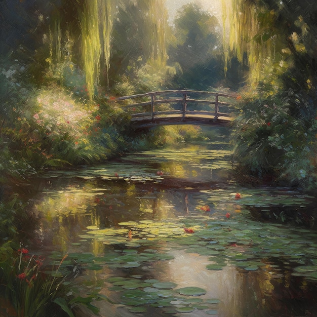 Un tranquillo giardino con un laghetto e un ponte