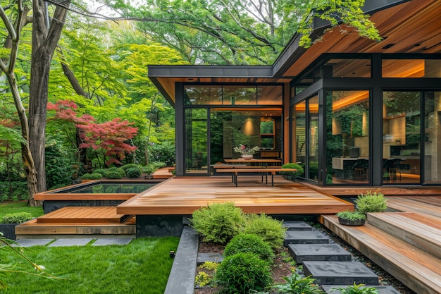 Un tranquillo giardino con un ponte di legno e grandi finestre di vetro su una casa architettonica moderna circondata da vivace verde e alberi in fiore