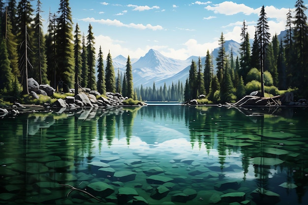 Un tranquillo lago color smeraldo circondato da una foto realistica di pini