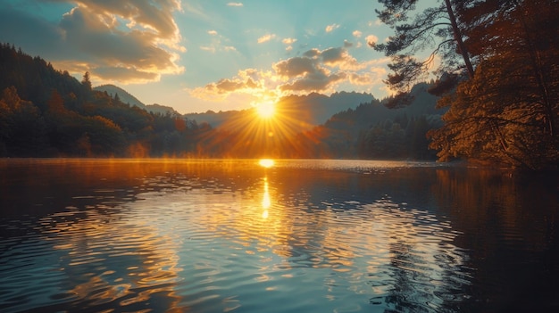 Un tranquillo lago di montagna all'alba