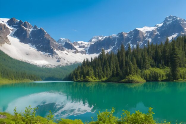 Un tranquillo lago di montagna circondato da rigogliose foreste verdi e cime innevate generatrici di Ai