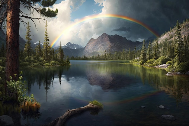 Un tranquillo lago nella foresta circondato da una vegetazione lussureggiante e montagne con un arcobaleno nel cielo