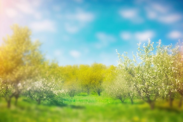 Un tranquillo paesaggio di un lussureggiante campo verde punteggiato di alberi e illuminato dal caldo sole estivo Un tranquillo ricordo della bellezza della natura Ai generato