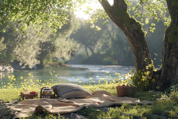 Un tranquillo picnic lungo il fiume in una giornata di sole