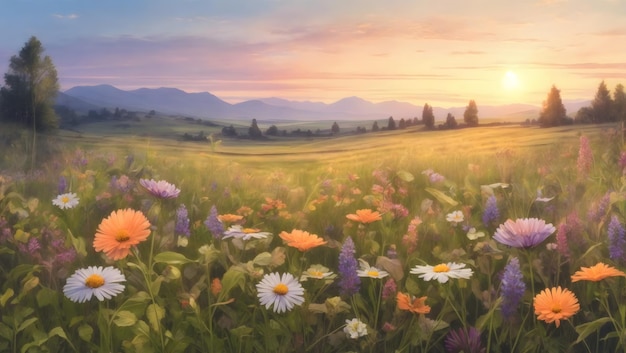 Un tranquillo prato di fiori selvatici illuminato dalla leggera luce dell'illustrazione del sole che tramonta