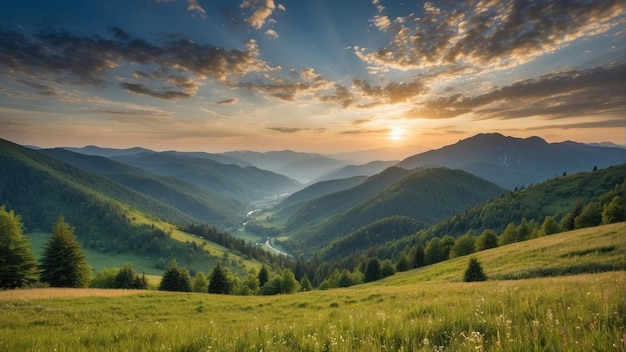 Un tranquillo ruscello di montagna in una lussureggiante valle verde