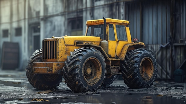 un trattore agricolo è parcheggiato vicino a una fabbrica abbandonata sullo sfondo di un edificio in rovina