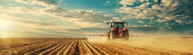 Un trattore agricolo in azione spruzza fertilizzante su un ampio campo agricolo